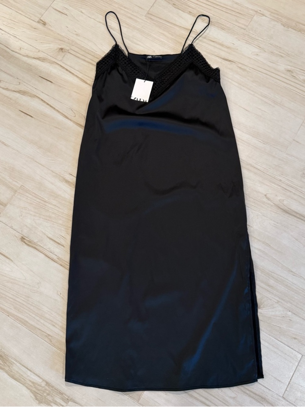 Zara Black Embroidered Strap Slip Midi Dress Size S NWT